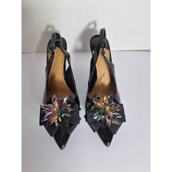 J. Renee Denyell Patent Leather Slingback Pumps Women's Sz 8 Black Bow Beaded - Picture 1 of 9